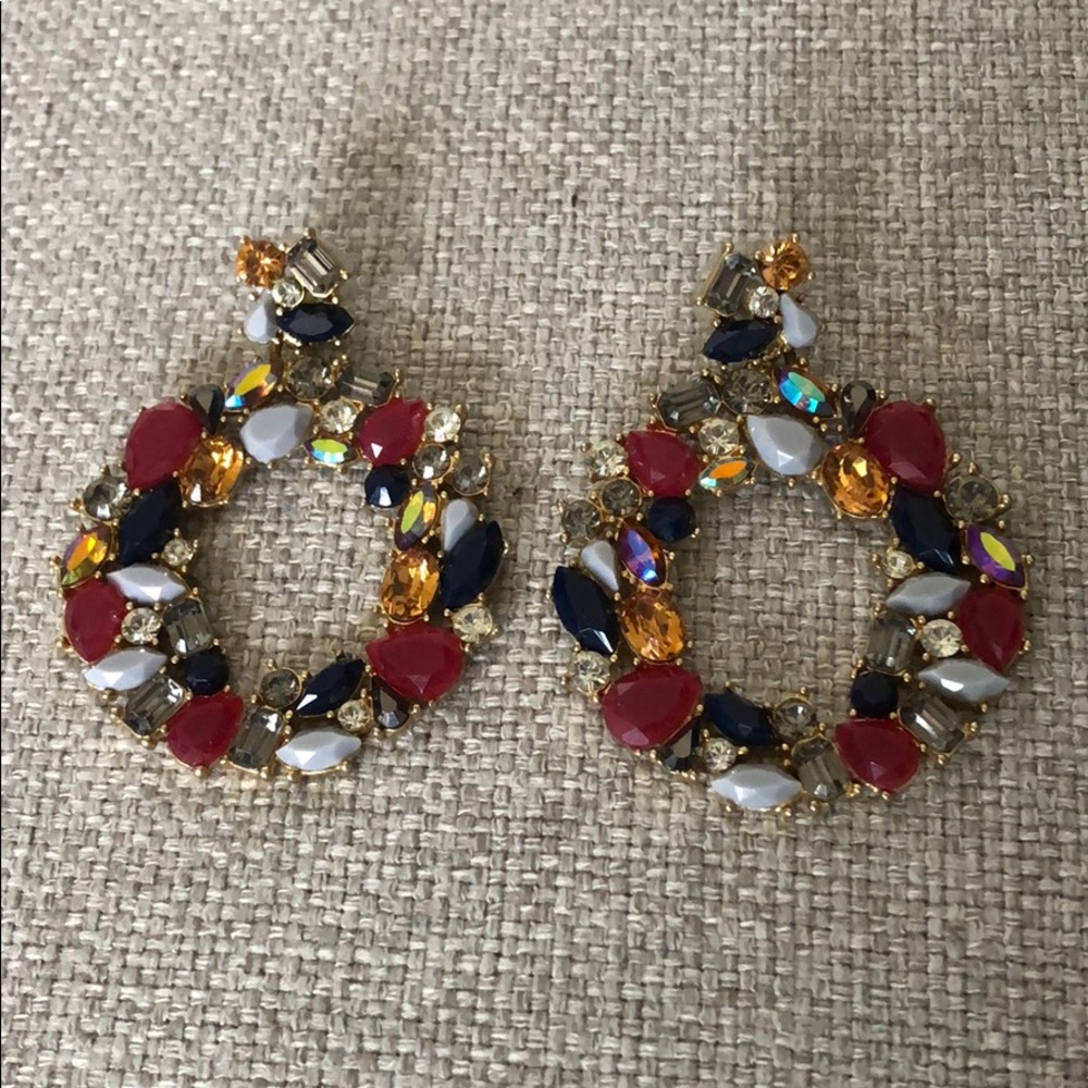 J. Crew Earrings Floral Wreath Gemstones Jewel Dark Peony Red - Picture 4 of 7
